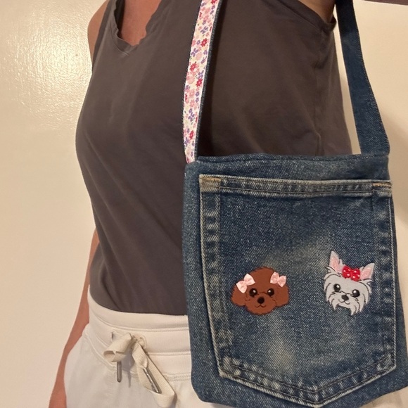 Handcrafted Upcycled Denim Bag Toe lined dog patches - Picture 1 of 8